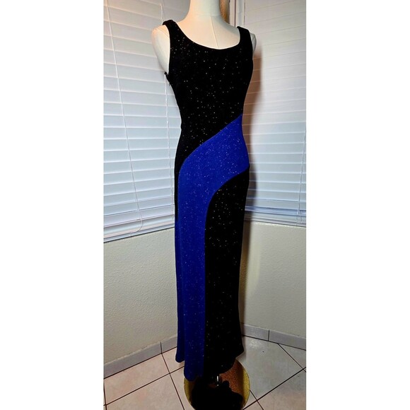 Betsy & Adam by Jaslene Vintage 1990's Black & Blue Stretch Glitter Maxi Dress - Picture 2 of 8
